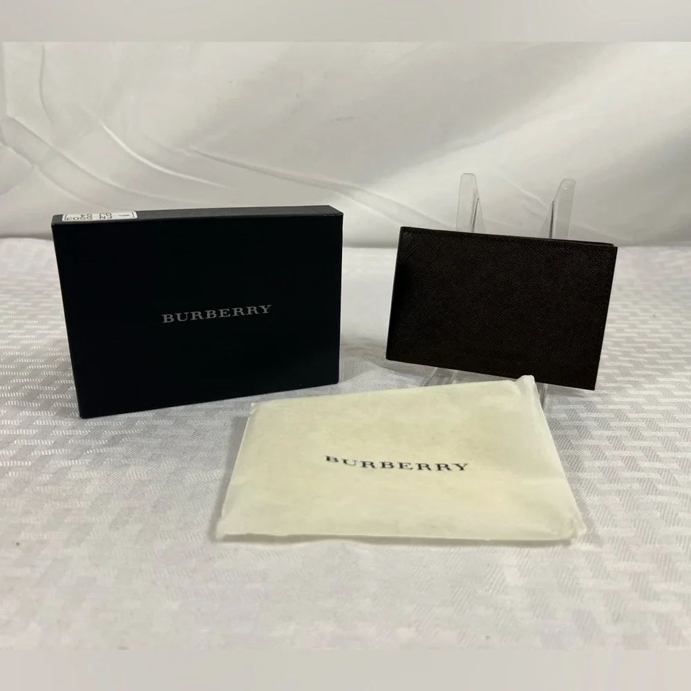 Burberry Brown Saffiano Leather Bifold Card Holder Nova Check w/ Box